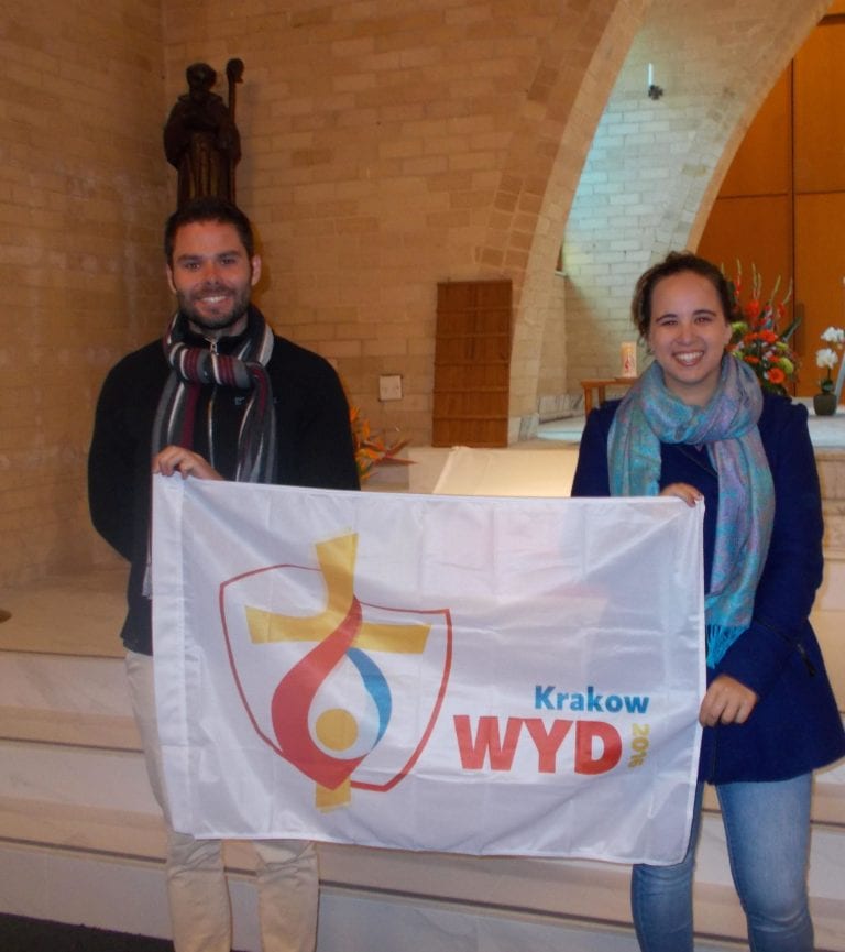 St Benedicts Luke  and Karen with WYD flag