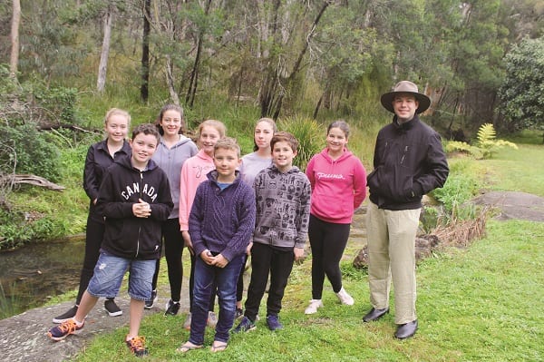 Streamwatchers with Councillor Hutchence at Glenorie Creek. Back left to right: Lilia, Alexandra, Brooklyn, Etna, Eddie, Claudia, The Deputy Mayor, Hornsby Shire Council, Councillor Michael Hutchence Front left to right: Noah, Lenny