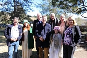 (L-R) Cessnock City Council Clr Darrin Gray and Mayor Bob Pynsent, Hornsby Shire Council Clr Nathan Tilbury, Convict Trail Project Director Glynn Jacobs and the cast from Convict Footprints Productions who added some convict mayhem to the days proceedings to the enjoyment of all who attended.