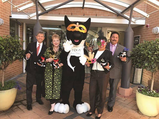 Mario Rodrigues, Director Positive Vibes Foundation; Annette Czerkesow, General Manager of The Hills Private Hospital and Windsor Road Private Clinic; Coco the Positive Vibes mascot; Dr Padmini Howpage, founder of the Positive Vibes Foundation and Lionel D’Cruze from Ironfish