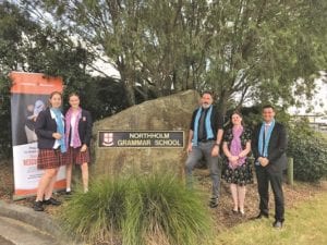 All wearing scarves being sold to raise money for Destiny Rescue Left to Right: Emma Mercieca, Ella Cotrona, Brad Turbott (drama), Jennifer Woods (English) and Principal Christopher Bradbury.