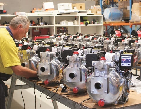 Australian pump specialise on engine drive pumps for fire fighting, water transfer and trash handling. The company is a leader in the development of this equipment. The photograph shows aussie pump staff assembling these special configuration pumps