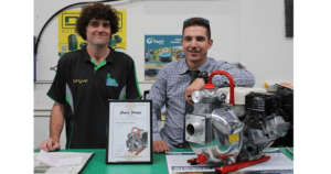 Aussie Pump’s Eddie Galea with Hills Irrigation Andrew Davis and an Aussie Fire Chief, the world’s best portable fire pump.