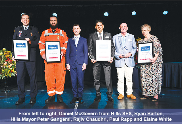 (L+R) Daniel McGovern from Hills SES, Ryan Barton, Mayor Gangemi, Rajiv Chaudhri, Paul Rapp and Elaine White