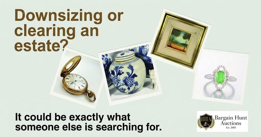 Estate clearing and downsizing concepts with jewelry, clock, and artwork.