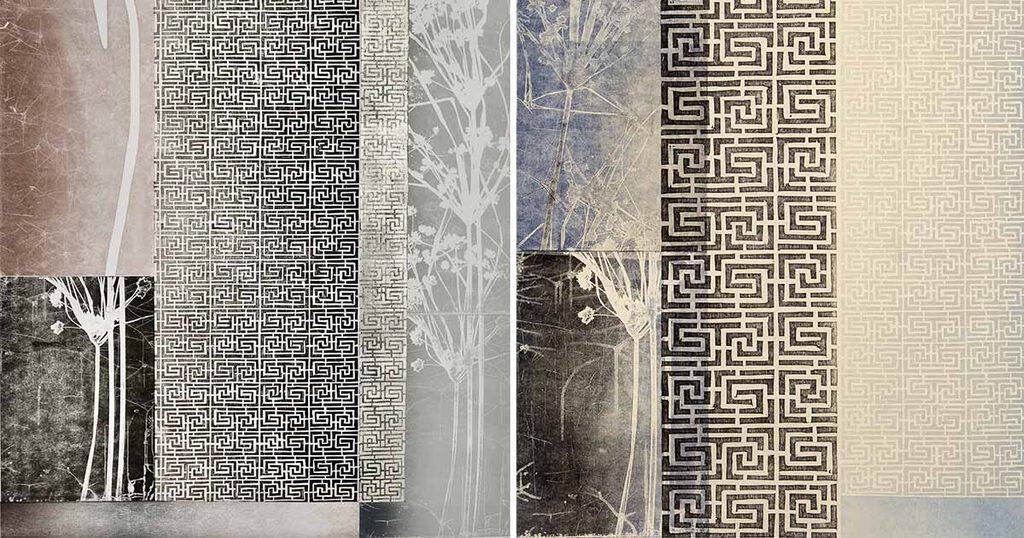 Decorative wall panels featuring intricate geometric patterns and tree motifs.