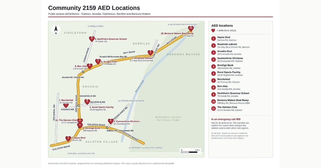 Map of Galston, Glenorie and Hills detailing AED locations.