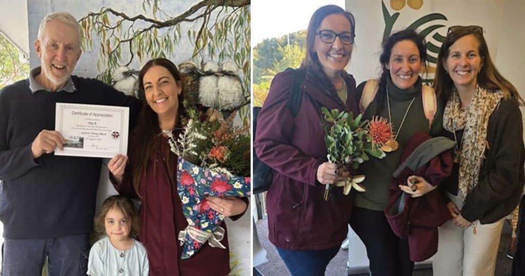 RFS volunteers honored with certificate and flowers at community event in Galston.